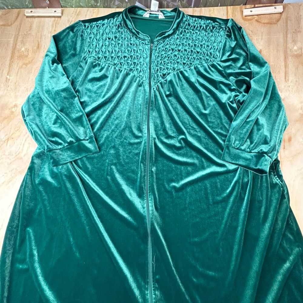 Vermont Country Store Green Velour Smocked Zip Front Long Robe Pockets Plus Size